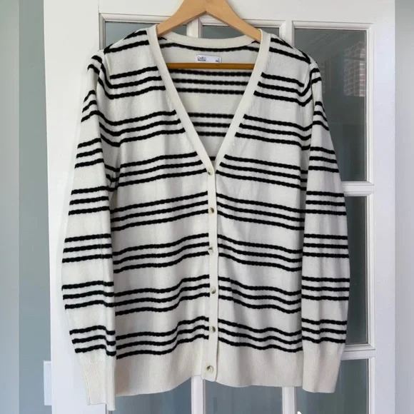 Croft & Barrow White and Black Striped V-Neck Preppy Button Cardigan | Large - Picture 1 of 5